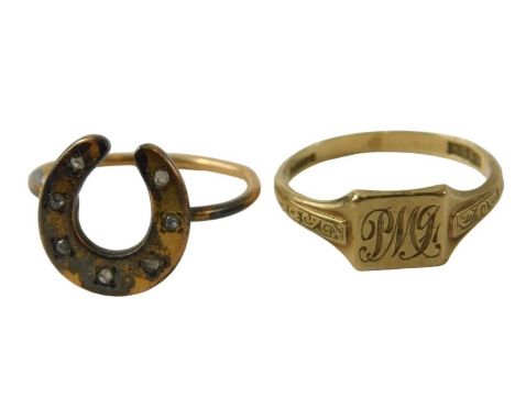 Two dress rings, comprising a 9ct gold signet ring bearing the initials PW, ring size M½, 1.9g all in, and a gold plated hors