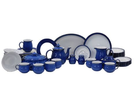 A Denby Dark Blue pattern part tea and dinner service, comprising teapot, six teacups, six saucers, nine side plates, four me