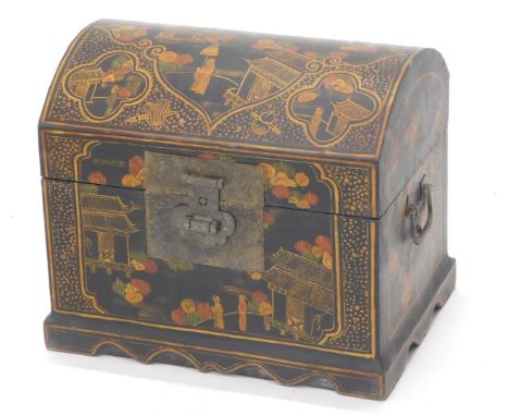 A Chinese black and gilt lacquer domed top trunk, with side handles and metal mounts, 36cm wide. (AF)