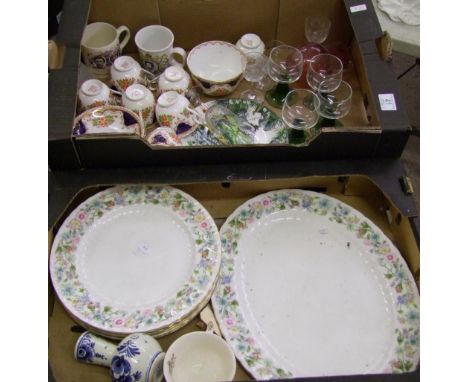 A mixed collection of items to include: Roslyn China Tea Set, Aynsley Wild Tudor Dinner Plates, Similar Serving Platter, Glas