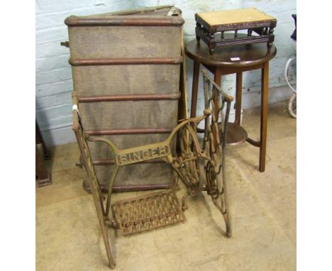 Cast iron Singer sewing machine table base: together with an occasional table, travelling trunk ( A/F) and a small foot stool