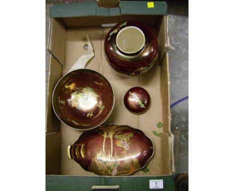 Carlton ware rouge royalle stork plate: together with a large ginger jar and footed bowl in the temple design 