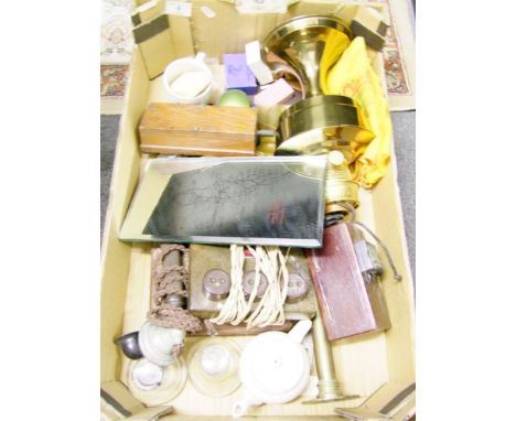 A mixed collection of items to include: LMS pottery, early telephone, brass oil lamp, railway related items etc 