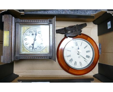 1920's Oak Cased Mantle clock: with presentation plaque to base: together with later Quartz Wall Clock 