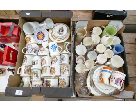 A large collection of commemorative mugs, cups etc: 2 trays 