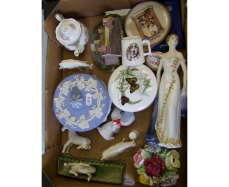 A mixed collection of items: Royal Doulton Brambly Hedge miniature teapot, Wedgwood jasperware lidded pot, Goebel small pin d