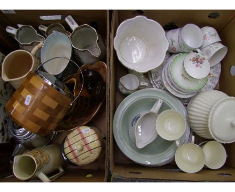 A mixed collection of items: stainless steel teapot, planters, wall plates, cups etc (2 trays). 