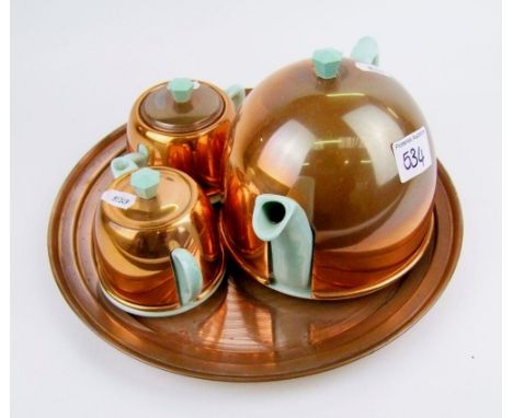 An English made copper and ceramic tea service on copper tray. 