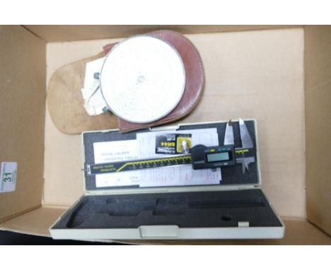 A mixed collection of items to include: Fowlers Long Scale Magnum Calculator &amp; Kisbow Digital Caliper set 