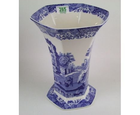 Large Spode Italian blue &amp; white hexagonal vase: Height 26.5cm. Boxed 