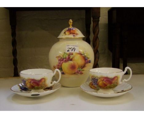 Aynsley orchard gold (white) two cup &amp; saucers: together a Bentley Sanderson lidded jar (3) 