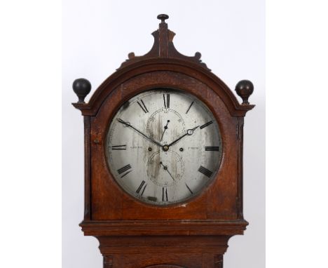 A Scottish longcase clock, the 35 cm diameter silvered dial with Roman numerals, subsidiary seconds and calendar dials, signe