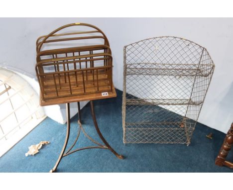 An Edwardian oak and brass four division magazine stand and a wirework three tier shelf