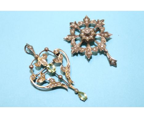 Two 9ct Art Nouveau seed pearl mounted pendants, 8g