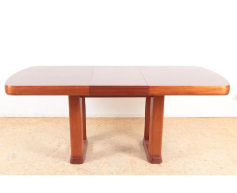 Mahogany  extendable table with intermediate leaf and chessboard motif, resting on block legs, height 76, top size 188 x 90 c