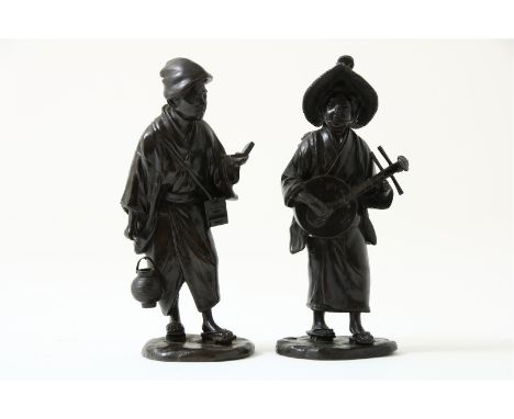 Bronze Okimono sculpture of woman with string instrument (Shamisen) and straw hat, stamped and Okimono sculpture of teacher w
