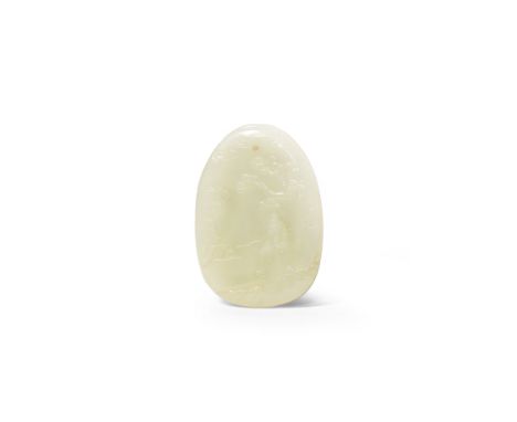 A CHINESE PALE CELADON JADE OVAL PLAQUE QING DYNASTY OR LATER One side carved in shallow relief with a scholar resting under 