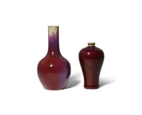 TWO CHINESE FLAMBE GLAZED VASES 18TH CENTURY One a bottle vase, the other a meiping, each coated in a rich maroon glaze with 