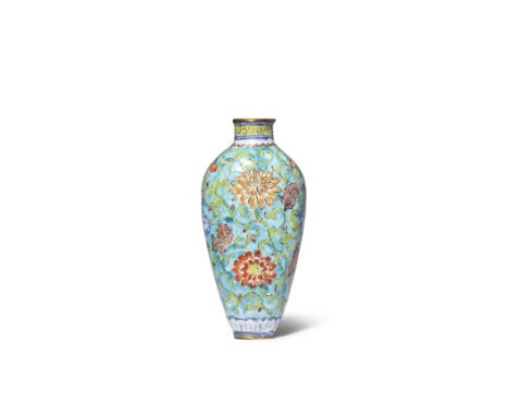 A CHINESE ENAMEL TURQUOISE-GROUND SNUFF BOTTLE 18TH CENTURY The flattened ovoid body rising to a short neck and tapering towa