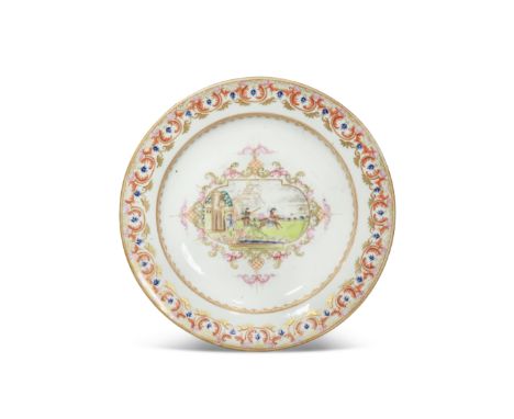 A CHINESE FAMILLE ROSE MEISSEN-STYLE DISH QIANLONG 1736-95 Brightly painted in enamels and gilt with a quatrelobed cartouche 