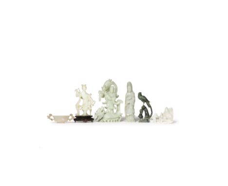 FIVE CHINESE STONE CARVINGS AND AN AGATE CUP QING DYNASTY AND LATER One a jade figure of Guanyin holding a sprig of willow, t