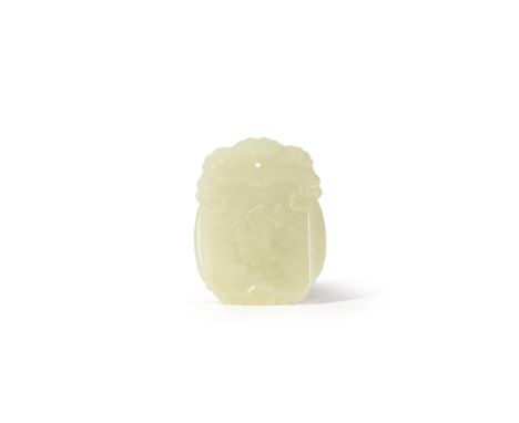 A CHINESE WHITE JADE PENDANT QING DYNASTY OR LATER Carved in shallow relief to one side with a boy holding the branch of a fr