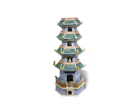 A CHINESE PORCELAIN  MODEL OF A PAGODA QIANLONG 1736-95 The hexagonal-section structure brightly painted in coloured enamels,