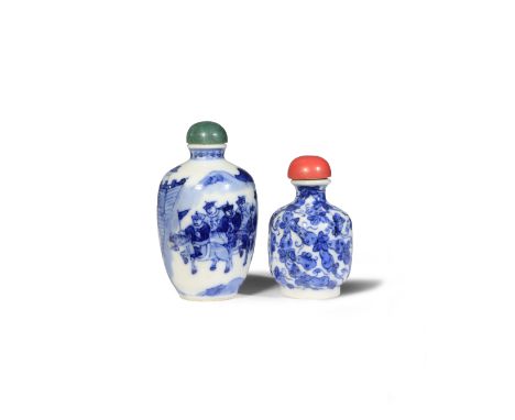 TWO CHINESE BLUE AND WHITE SNUFF BOTTLES 19TH CENTURY The larger bottle with an ovoid body, painted with figures on horseback