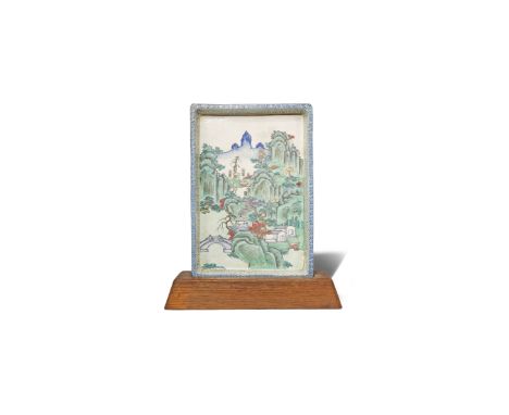 A CHINESE ENAMELLED YIXING TRAY 18TH/EARLY 19TH CENTURY Brightly painted with buildings and trees in a mountainous landscape,