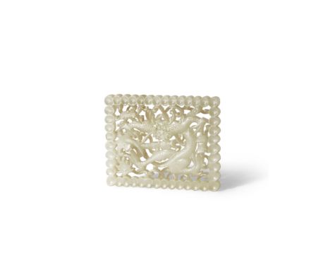 A FINE CHINESE PALE CELADON JADE PIERCED OPENWORK PLAQUE MING DYNASTY Of rectangular form, carved with a confronting dragon s