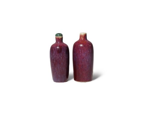 TWO LARGE CHINESE FLAMBE GLAZED SNUFF BOTTLES 18TH/19TH CENTURY Each with an ovoid body rising to a short neck, with a deep p