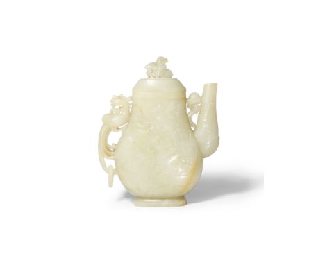 A CHINESE PALE CELADON JADE EWER AND COVER QING DYNASTY OR LATER Carved in shallow relief with Immortals amongst rocks under 