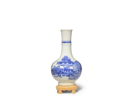 A SMALL CHINESE SOFT-PASTE BLUE AND WHITE BOTTLE VASE KANGXI 1662-1722 Painted with archaistic vessels, scholarly items and a