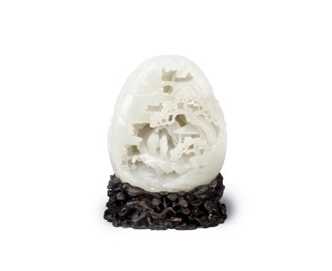 A CHINESE PALE CELADON JADE BOULDER QING DYNASTY OR LATER Carved in high relief with two Immortals standing by a cliff face, 