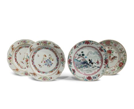 FOUR CHINESE FAMILLE ROSE DISHES QIANLONG 1736-95 Two a pair painted with a European man seated upon rockwork whilst playing 