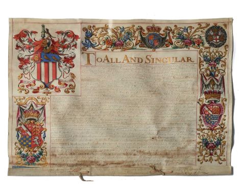 Grant of Arms.Grant of Arms to Mathew Martin of Wivenho, Essex, 1722, signed by John Anstis, Garter Principal King of Arms an