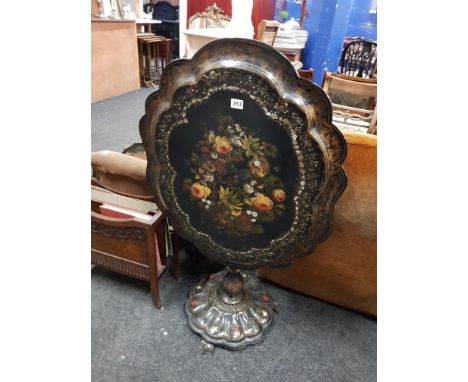 VICTORIAN TILT TOPPED PAPER MACHE TABLE WITH MOTHER OF PEARL INLAY AND HAND DECORATED