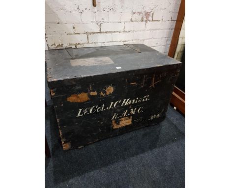 19TH CENTURY WOODEN TRAVEL TRUNK AND VARIOUS TRAVEL BADGES