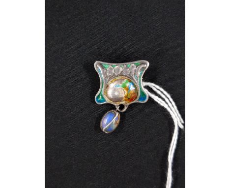 SUPERB ARTS AND CRAFTS SILVER ENAMEL AND MOONSTONE FREEFORM BROOCH