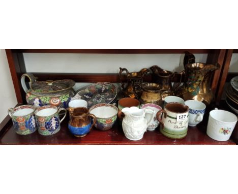 SHELF LOT OF LUSTRE WARE CUPS ETC TO INCLUDE 18TH AND 19TH CENTURY ITEMS