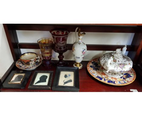 SHELF LOT TO INCLUDE ROYAL CROWN DERBY BOHEMIAN GLASS AND 3 19TH CENTURY SILHOUETTES