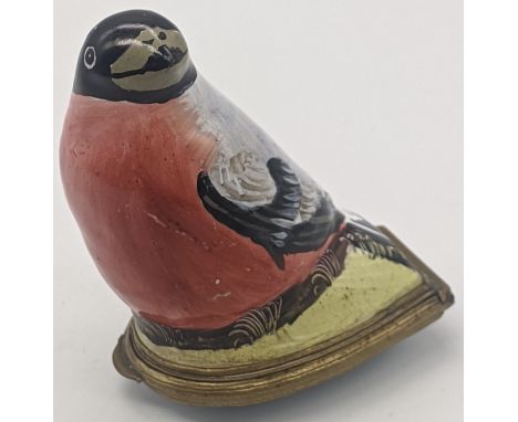A George III Bilston enamel patch box in the form of a bird, the hinged cover decorated with a spray of flowers, mid 18th cen