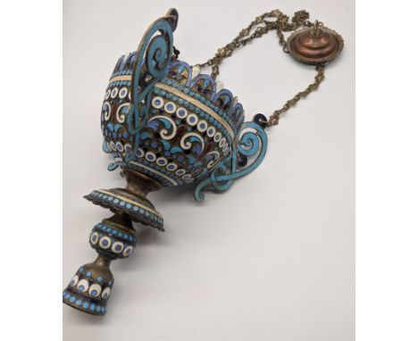 A late 19th/early 20th century Greek cloisonne enamelled oil lamp, H.60cm (fully extended)