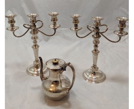 A pair of silver plated three light candelabras H.36cm, together with a late 19th century silver plated jug