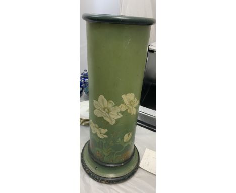 An early 20th century terracotta stick stand, hand painted floral designs, H.58