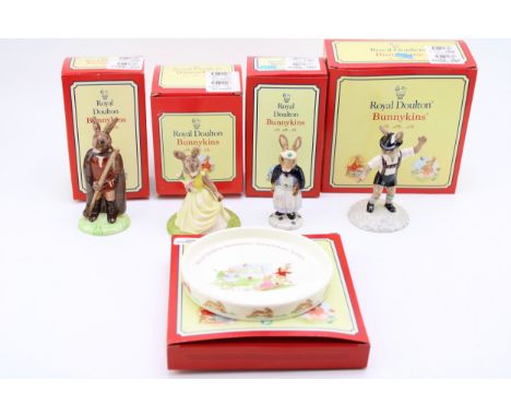 Boxed Royal Doulton Bunnykins to include Tyrolean Dancer, Little John, Nurse, With Love and Bunnykins Playing Badminton dish 
