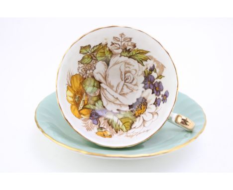 Aynsley Cabbage Rose / White Rose tea cup and saucer, signed by J A Bailey, light green background (2)  . In good condition w