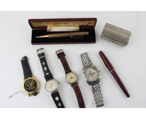 A collection of vintage watches and pens to include citizen, ingersoll, timex and a parker pen with a rolled gold yard o led 