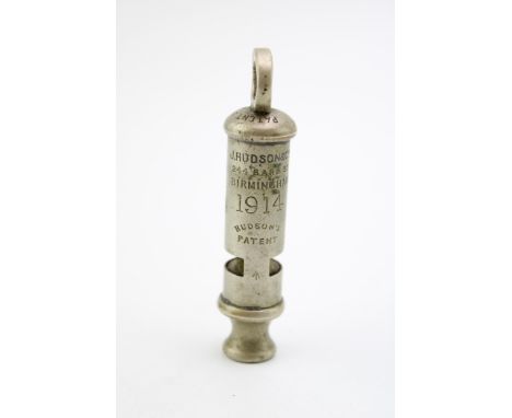 A scarce WW1 1914 dated British Army trench whistle with broad arrow mark made by J Hudson &amp; Co, 244 Barr Street, Birming
