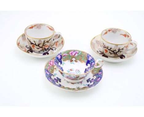 Two Newhall cups and saucers, imari vine pattern, pattern 446, circa 1810, with a Minton felspar porcelain cup and saucer, Mi
